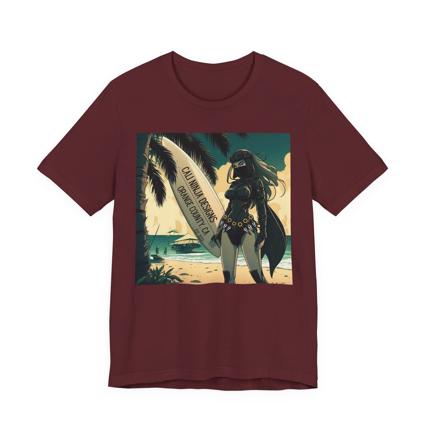 Beach Kunoichi Tee – Retro Hawaiian Surfboard Graphic T-Shirt