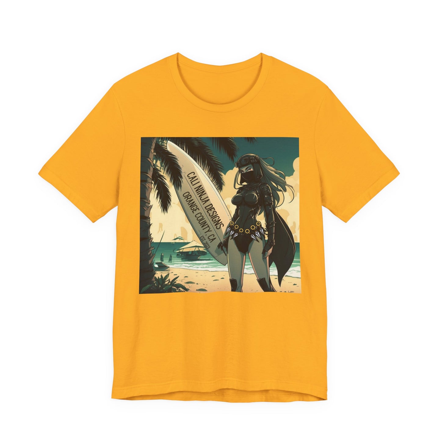 Beach Kunoichi Tee – Retro Hawaiian Surfboard Graphic T-Shirt